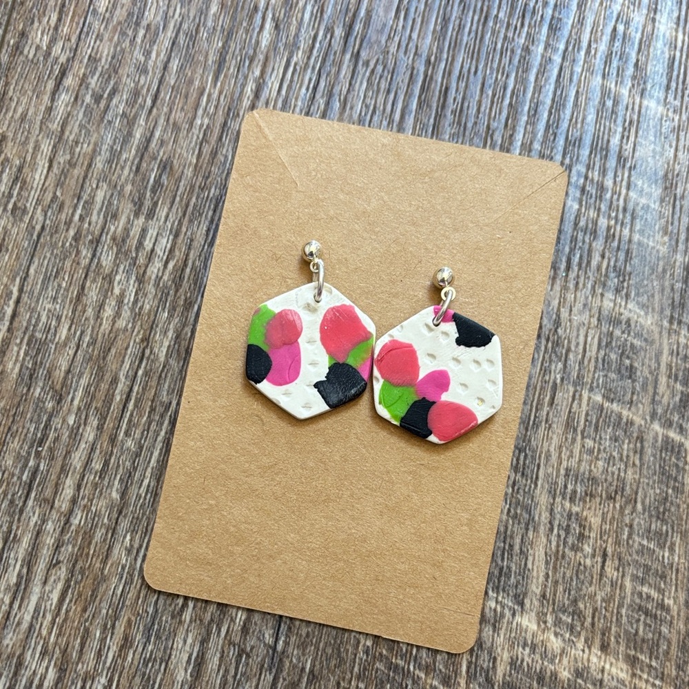 Handmade Hexagon Polymer Clay  Earrings — White with Pink, green and black